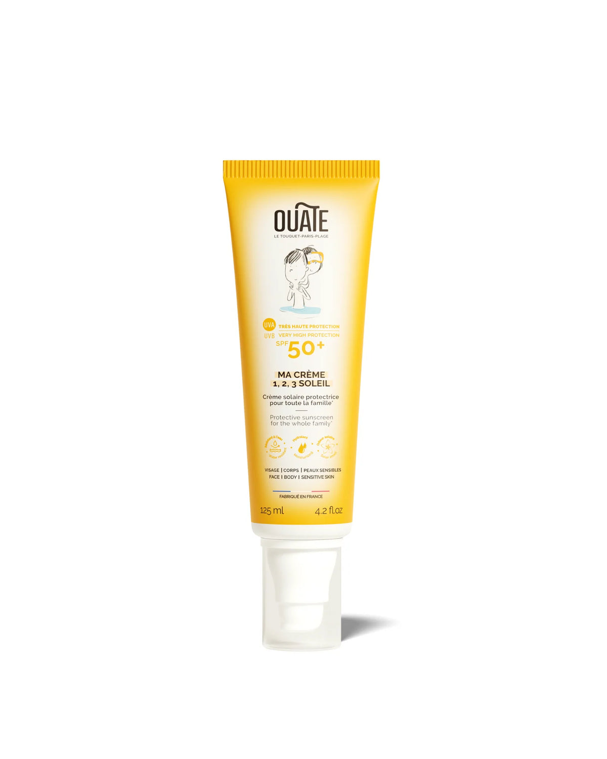 Tube jaune de Ma Crème 1,2,3 Soleil Ouate sur fond blanc, protection solaire SPF 50+ UVA/UVB